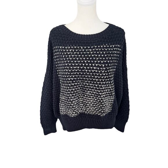 Planet by Lauren G Chunky Knit Popcorn Metallic Sweater Navy Blue & Silver Mediu - Picture 2 of 7